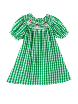Christmas Santa Claus Smocking Green Plaid Embroidery Dress