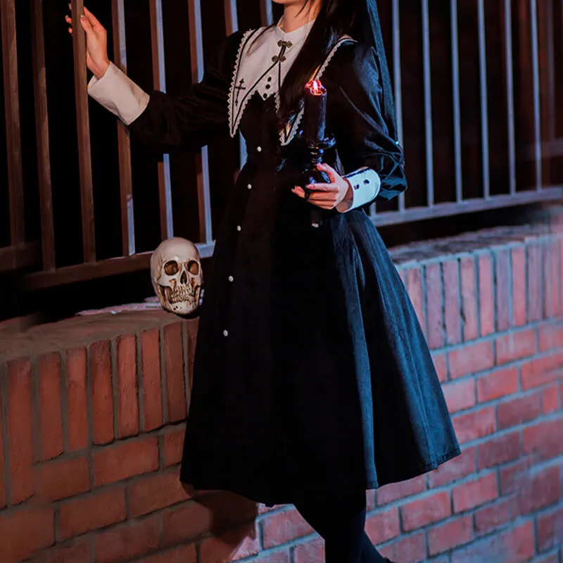 Dark Academia Goth Nun Dress Detachable Collar