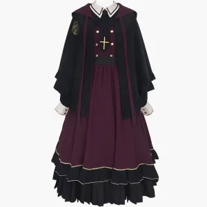 Dark Academia Magician Burgundy Dress With Cloak Hood