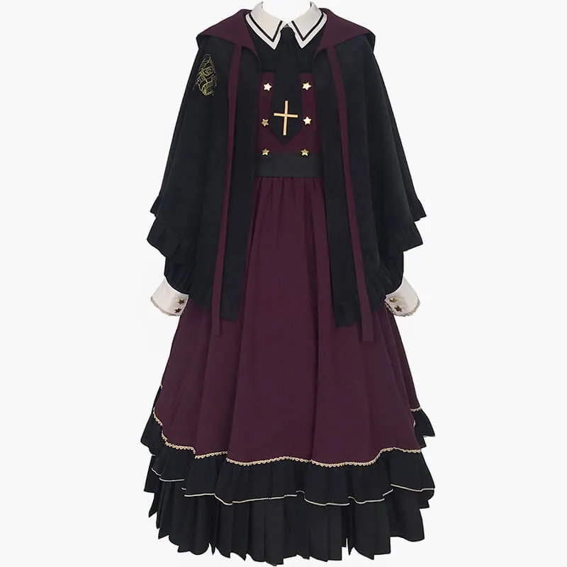 Dark Academia Magician Burgundy Dress With Cloak Hood