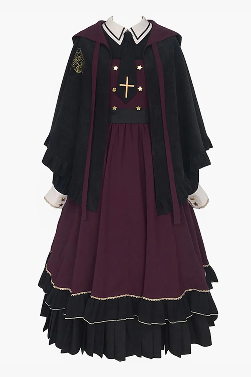 Dark Academia Magician Burgundy Dress With Cloak Hood