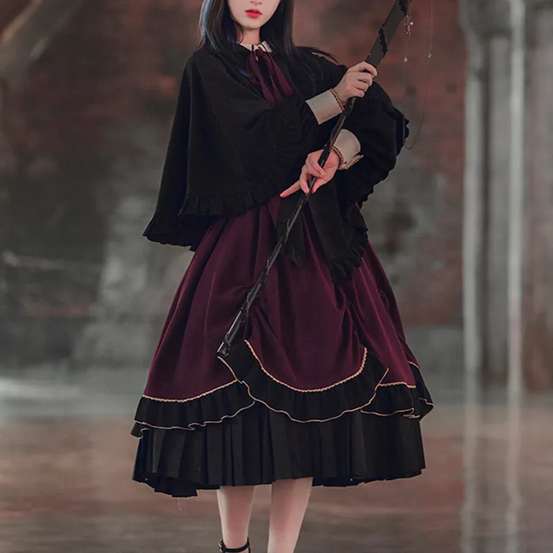 Dark Academia Magician Burgundy Dress With Cloak Hood