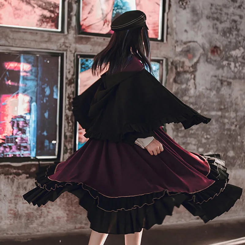 Dark Academia Magician Burgundy Dress With Cloak Hood