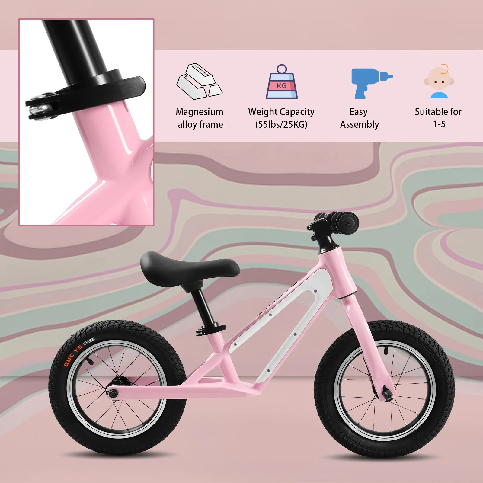 ECARPAT Balance Bike, Magnesium Alloy Frame Toddler Bike,Lightweight Sport Training Bicycle with 12" Rubber Foam Tires,Adjustable Seat for Kids Ages 1-5 Years Old.