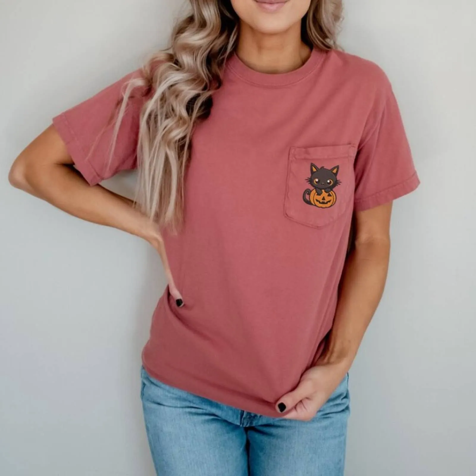 Embroidered Halloween Cute Cat with Pumpkin Pocket T-shirts/Halloween Fall shirt