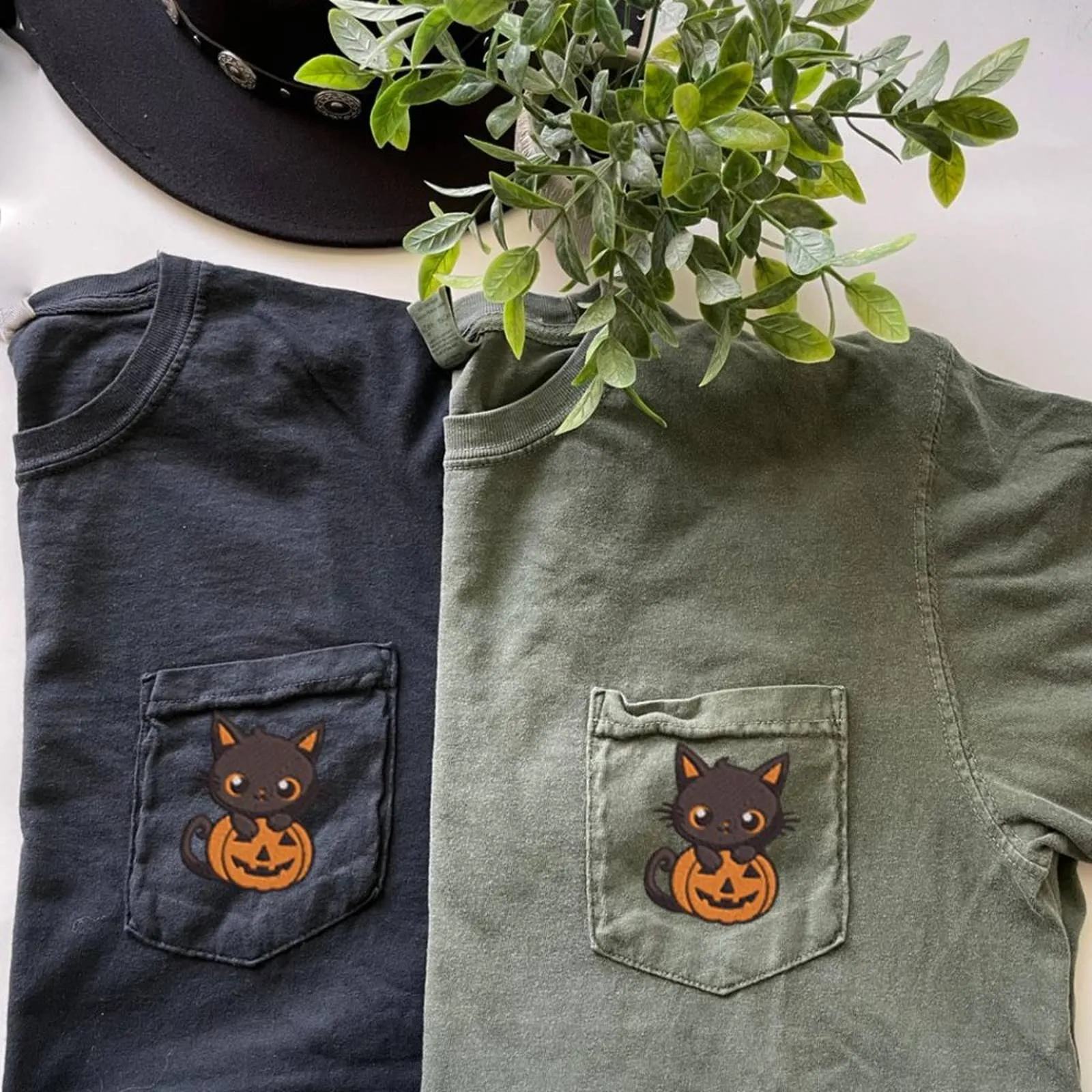 Embroidered Halloween Cute Cat with Pumpkin Pocket T-shirts/Halloween Fall shirt