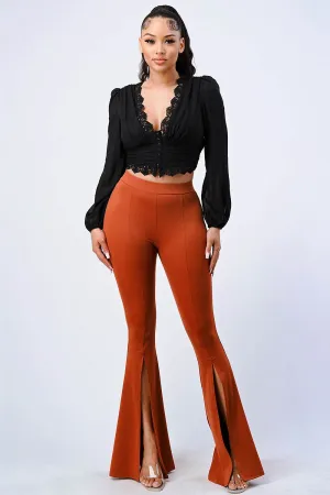 LUXE ELASTIC WAIST SLIT WIDE PANTS