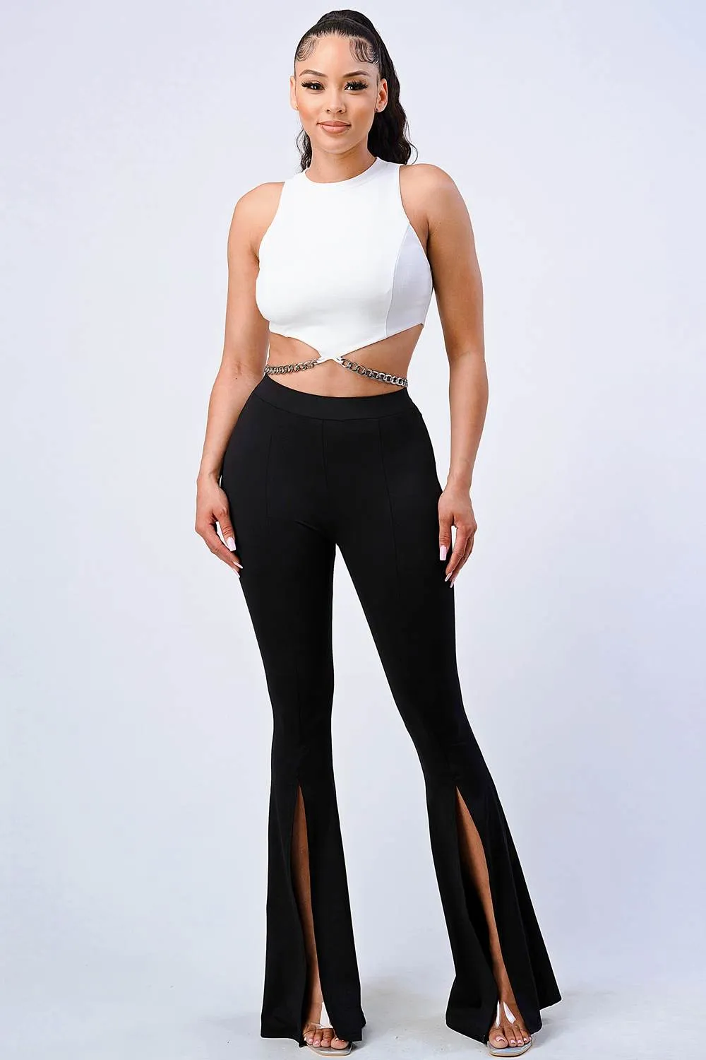 LUXE ELASTIC WAIST SLIT WIDE PANTS