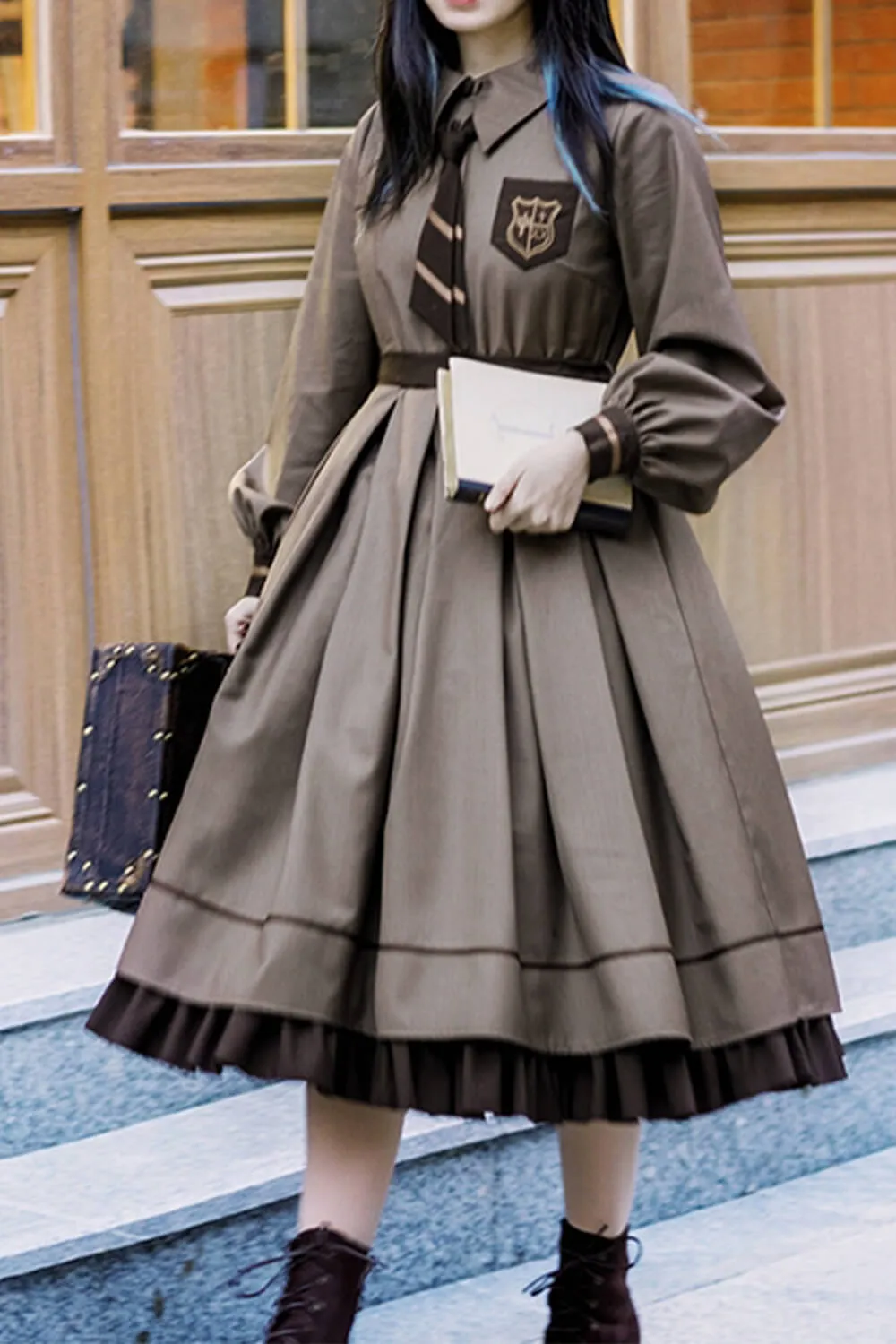 Magical Aesthetic Tan Brown Academia Uniform Dress