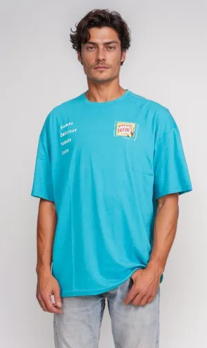 O203210 - Retro Graphic Cotton T-Shirt  Cyan Blue