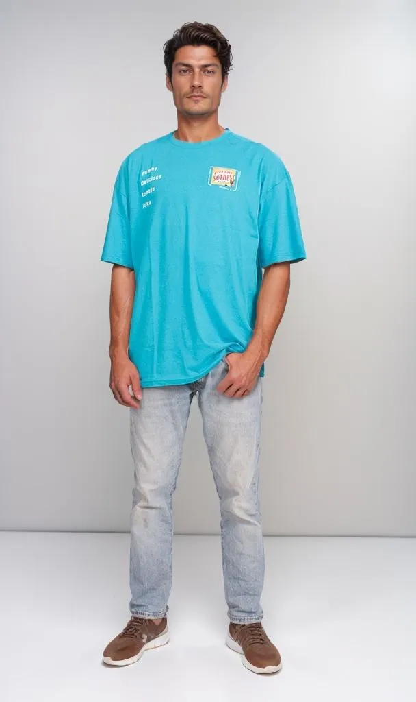 O203210 - Retro Graphic Cotton T-Shirt  Cyan Blue