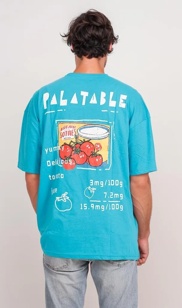 O203210 - Retro Graphic Cotton T-Shirt  Cyan Blue