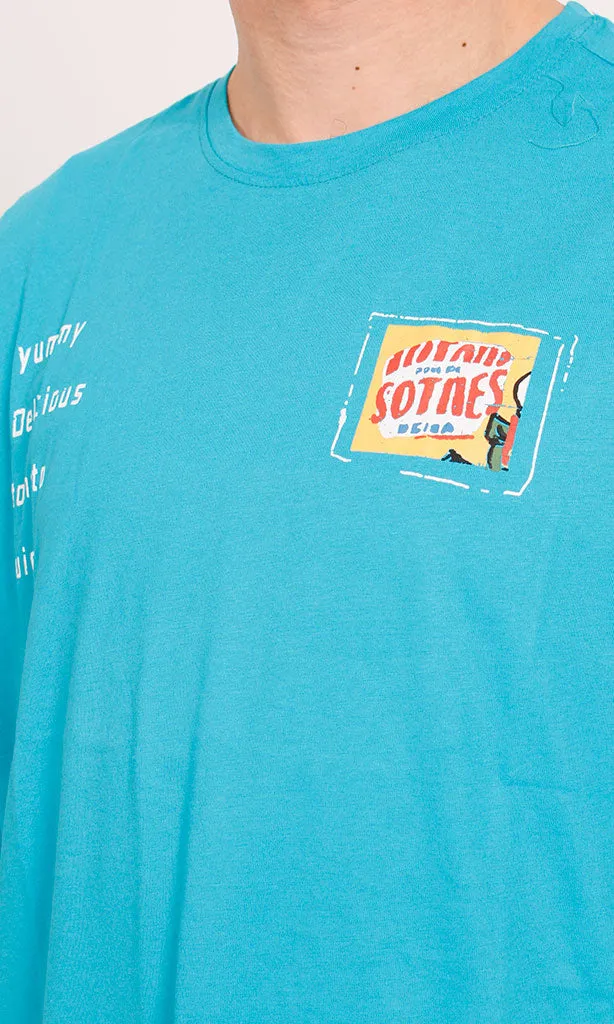 O203210 - Retro Graphic Cotton T-Shirt  Cyan Blue