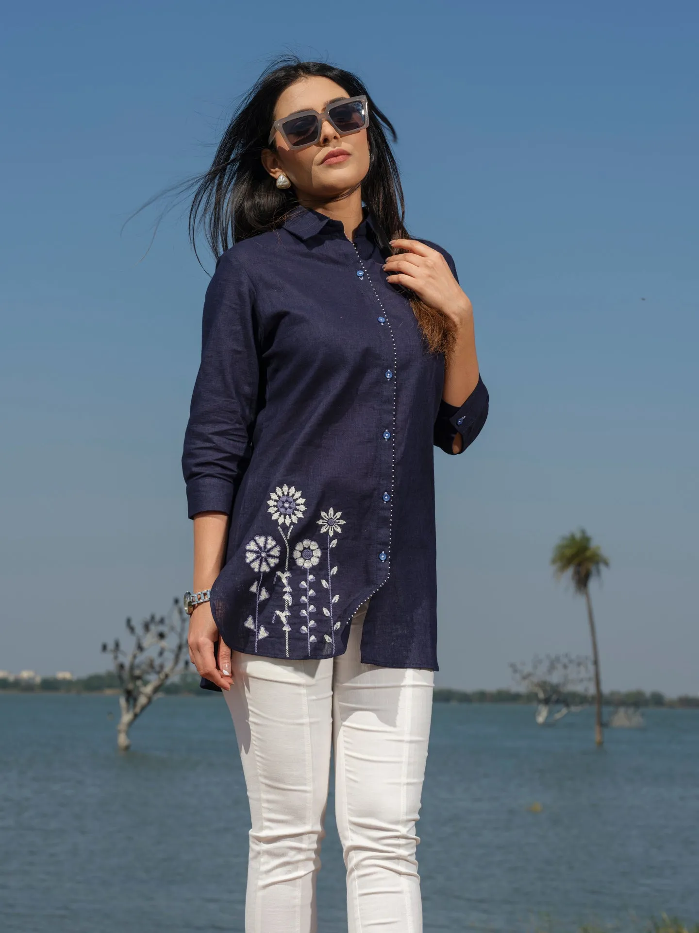 Plain top with cross stitch embroidery at bead work details
