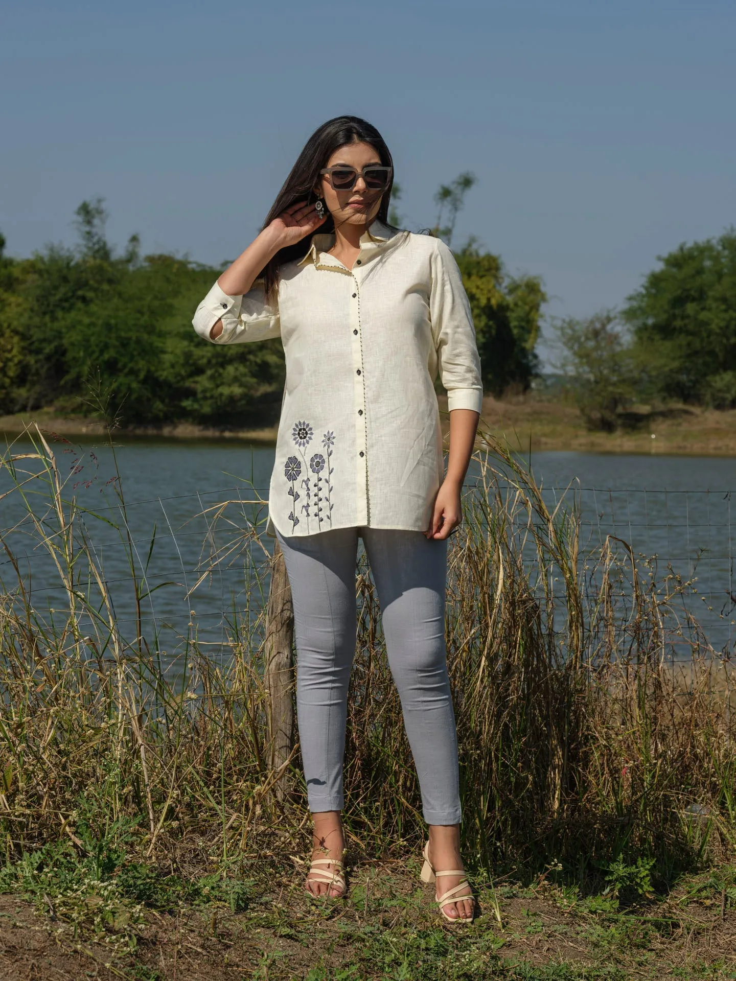 Plain top with cross stitch embroidery at bead work details