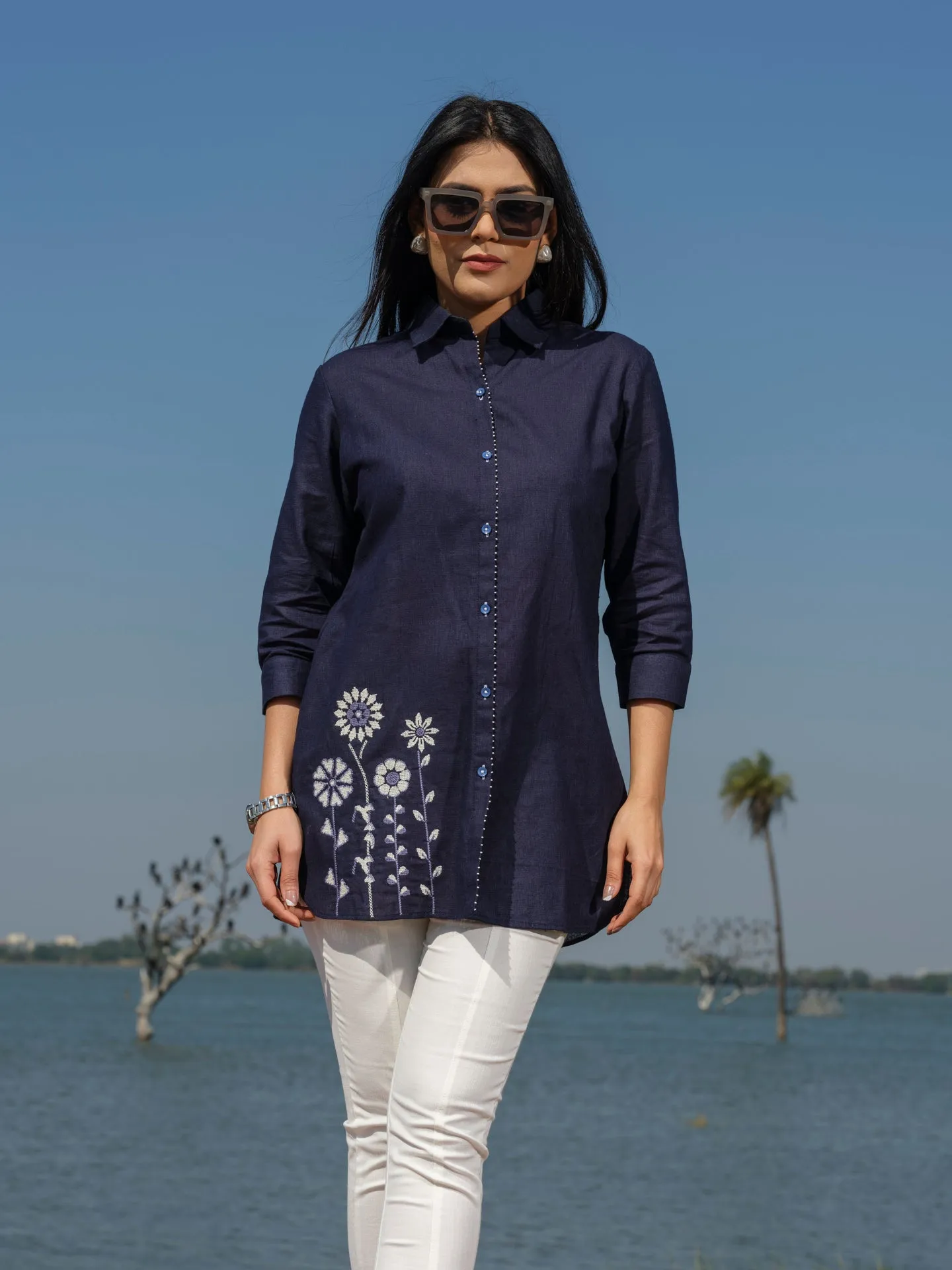 Plain top with cross stitch embroidery at bead work details