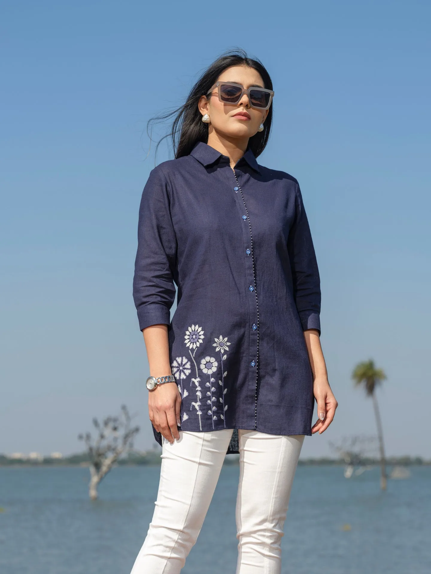 Plain top with cross stitch embroidery at bead work details