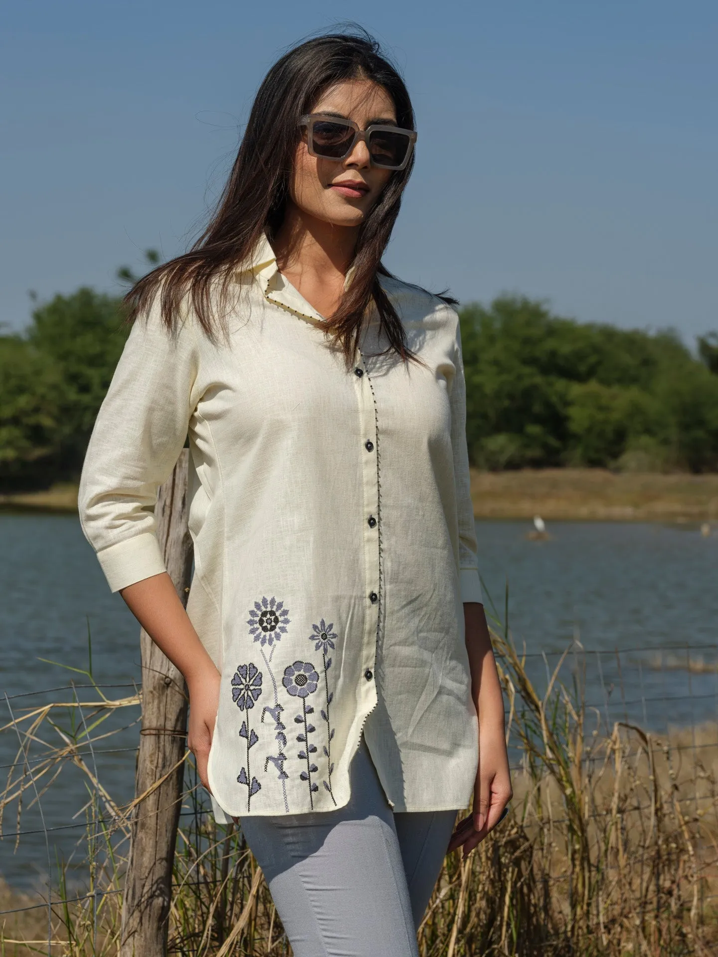 Plain top with cross stitch embroidery at bead work details