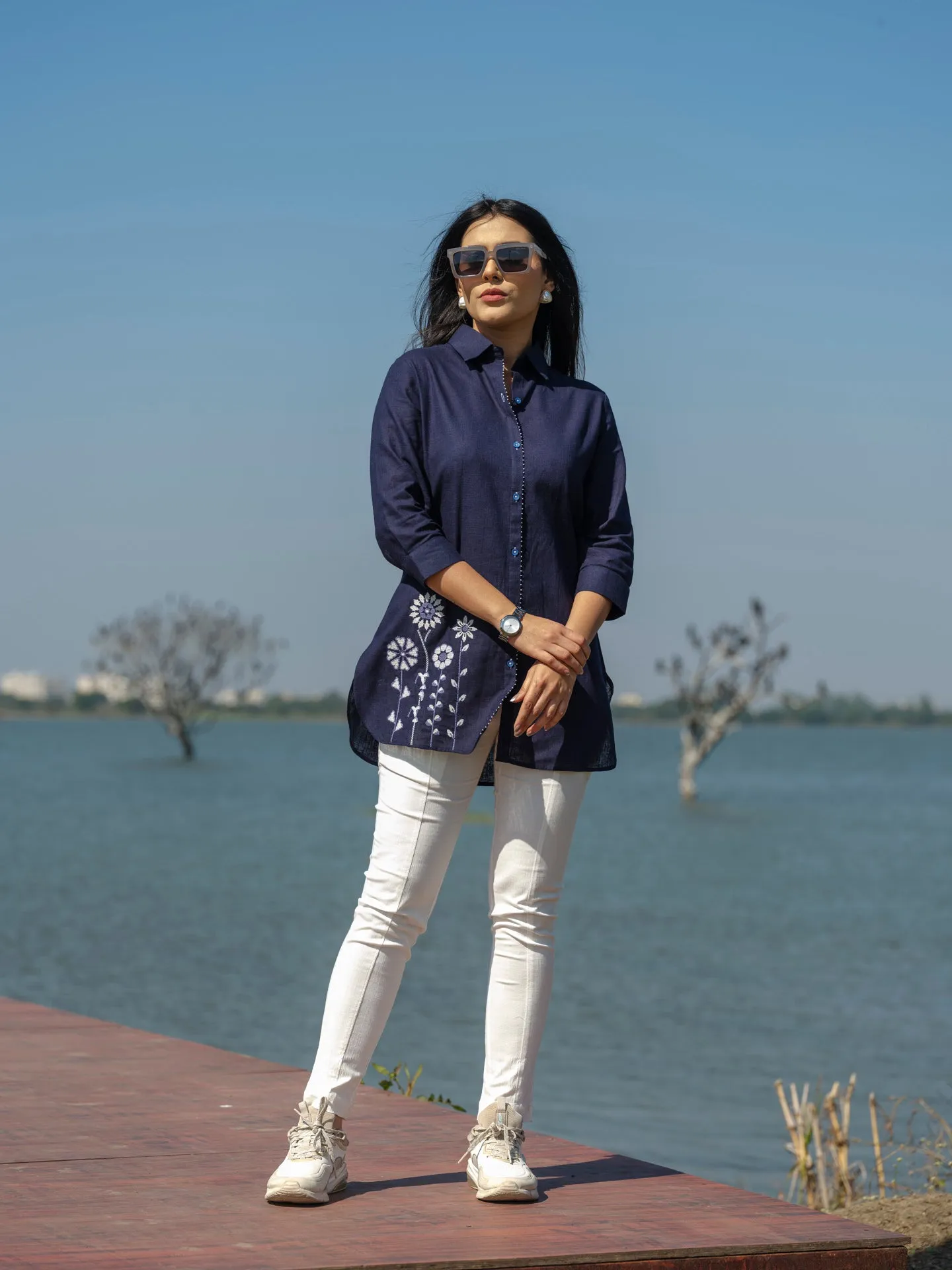 Plain top with cross stitch embroidery at bead work details