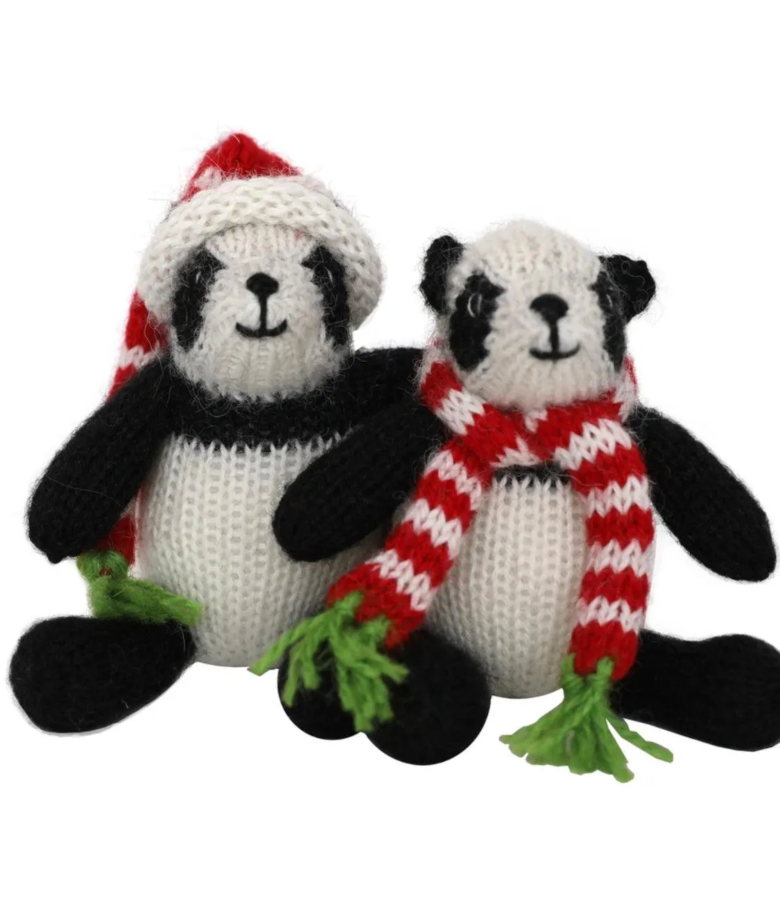 Set of 2 Hand knit Panda Bear Ornaments,  Fair Trade