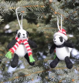 Set of 2 Hand knit Panda Bear Ornaments,  Fair Trade